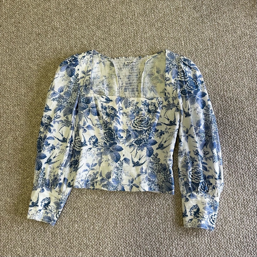 Reformation Blue and White Floral Puff-Sleeve Square Neck Top